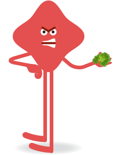 Un personnage rouge râle avec des brocolis dans la main