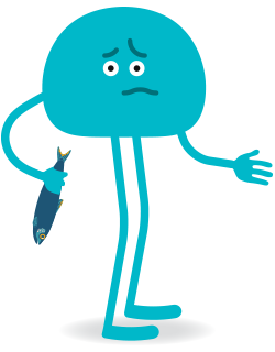 Un personnage bleu tient un poisson l'air inquiet