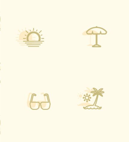 Pictogrammes de soleils, lunettes, cocotiers