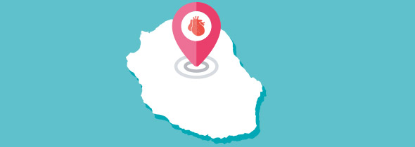 Carte de l'île de la Réunion comportant un pictogramme de coeur