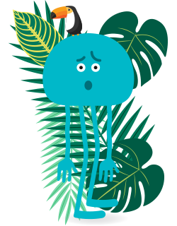 Un personnage bleu est entouré de feuilles tropicales