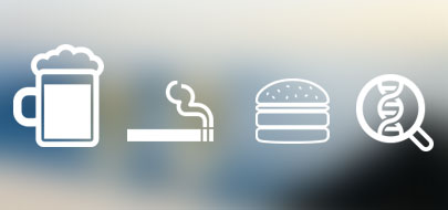 Une cigarette, un hamburger, une chope de bière et une molécule d'ADN illustrent les causes de l'IRC