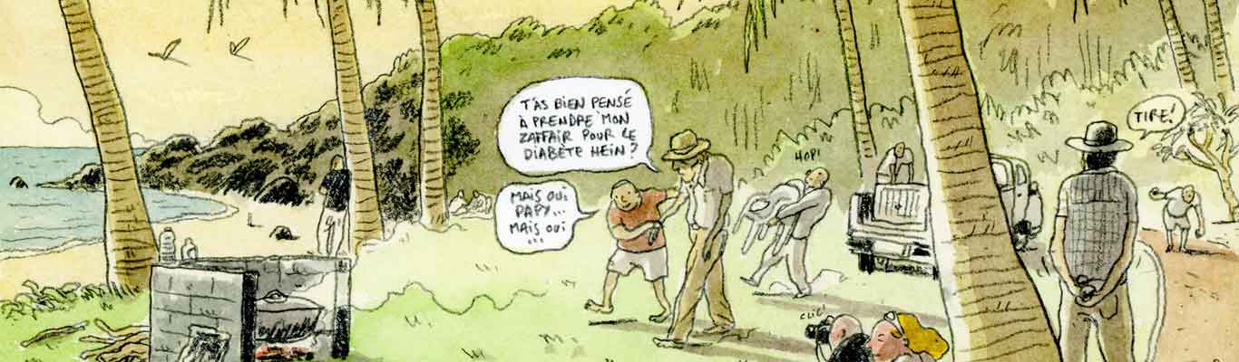 Illustration du dessinateur Hippolyte : scène de pique-nique à Grande-Anse