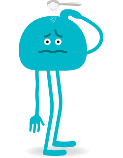 Un personnage bleu se gratte la tête avec une cuillère de sucre sur la tête